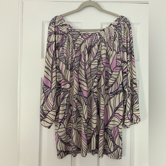 Susan Graver 1X Liquid Knit Purple Leaf Print Smocked Neck Top - Picture 6 of 6
